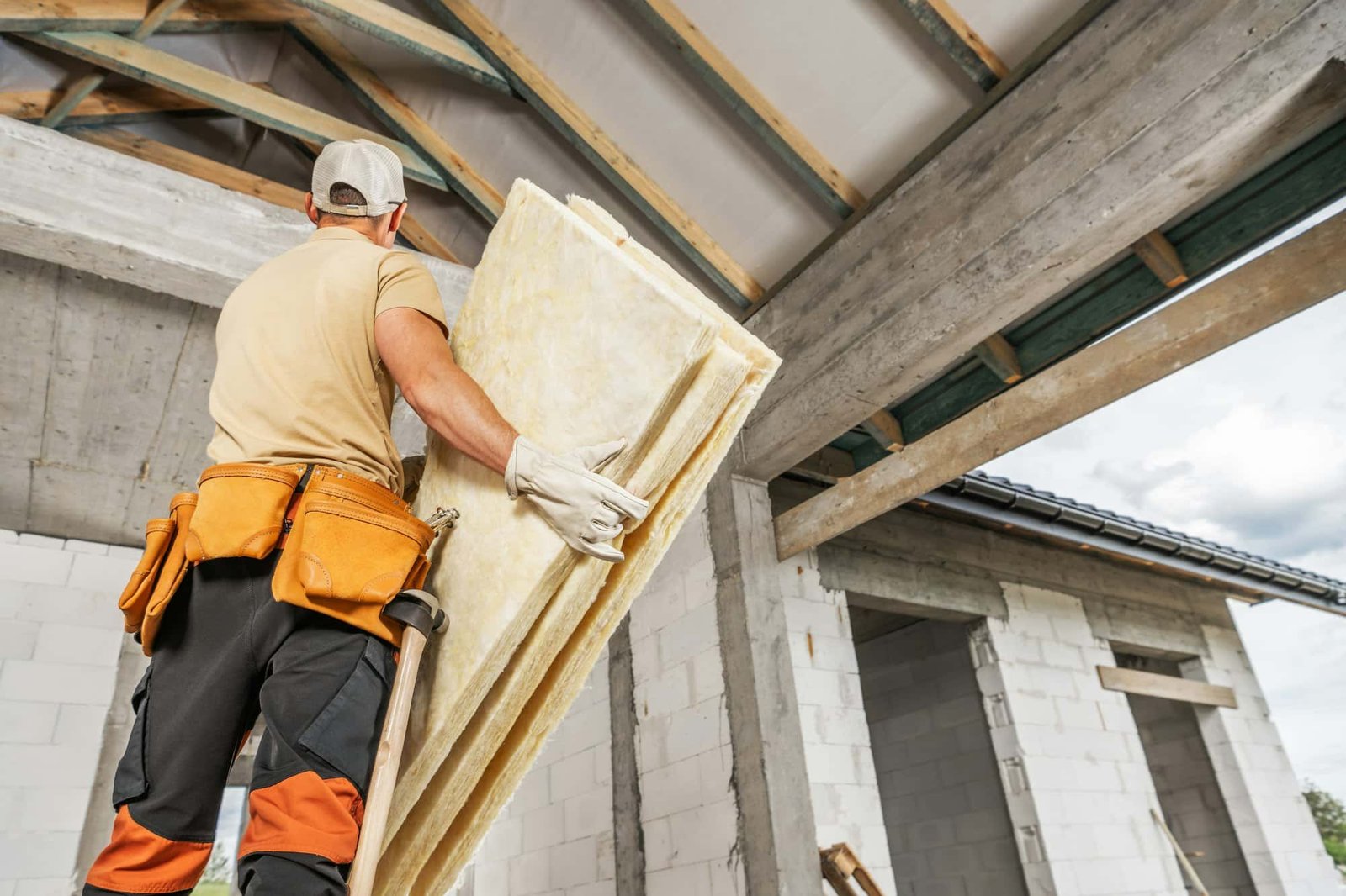 Construction Worker Installing Insulation in Residential Building Under Renovation